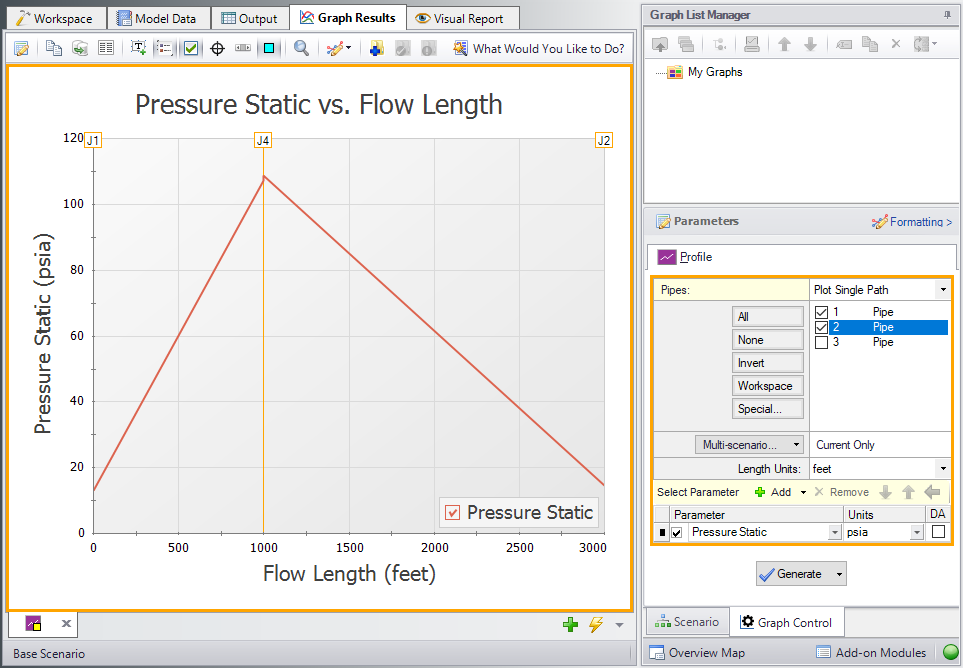 Pressure Static vs Flow Length plotted along pipes 1 and 2 in the Graph Results window.